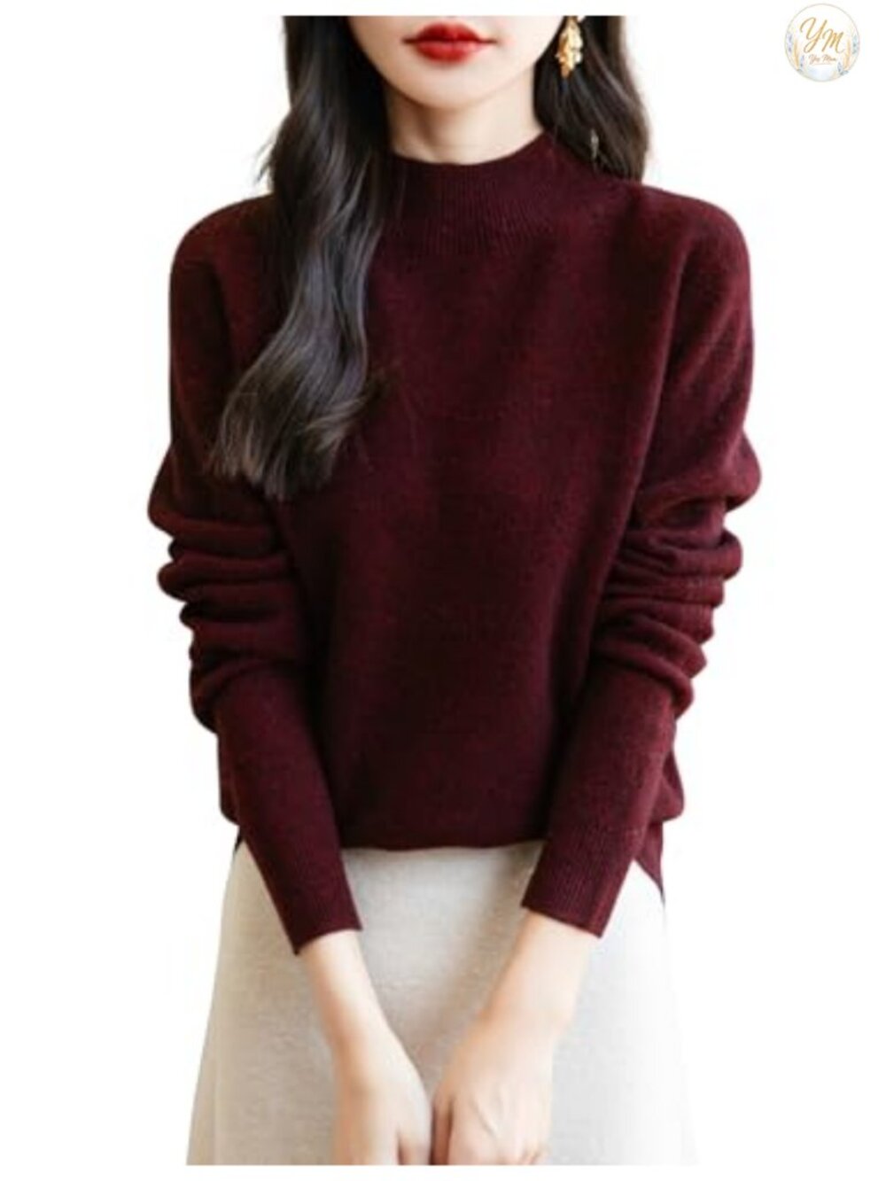 100% Merino Wool Seamless Mock Neck Long Sleeve Pullover Sweater